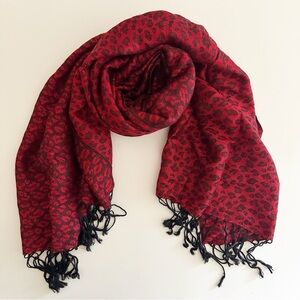 Small Leopard Print Red Pashmina Silk Scarf With Tassels